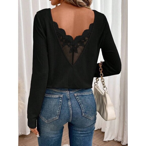 WILA Tops - waffle knit lace back v long sleeve top black